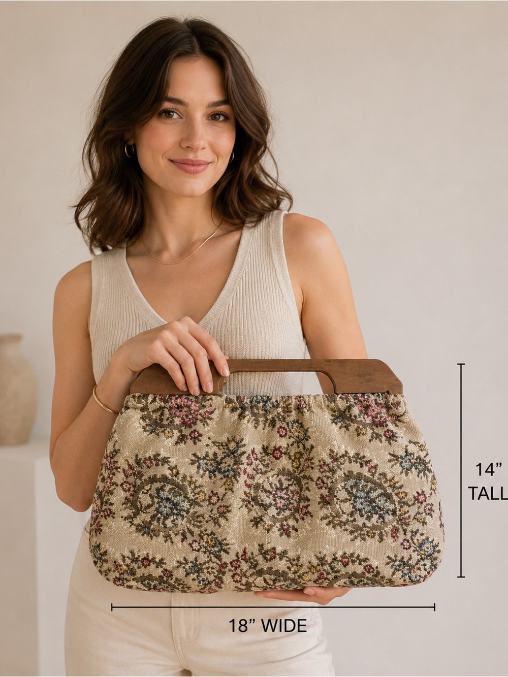 Upholstered Handbag Floral Wooden Handles Large
